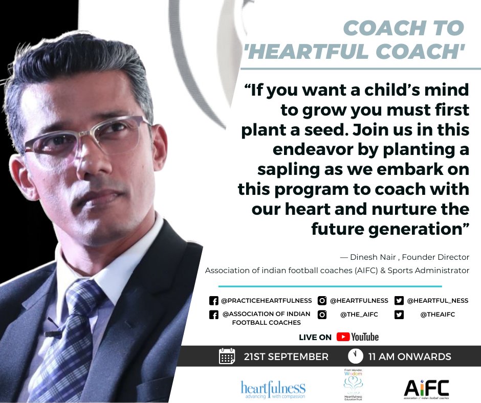 theaifc's tweet photo. Here's what our Founder Director Shri @DineshNair74 has to say about 'Coach to Heartful Coach' program. 

Join us for the national program launch -21st Sept, 11am. To join👇
https://t.co/Oz8FwctO5S https://t.co/OthxcKluu4