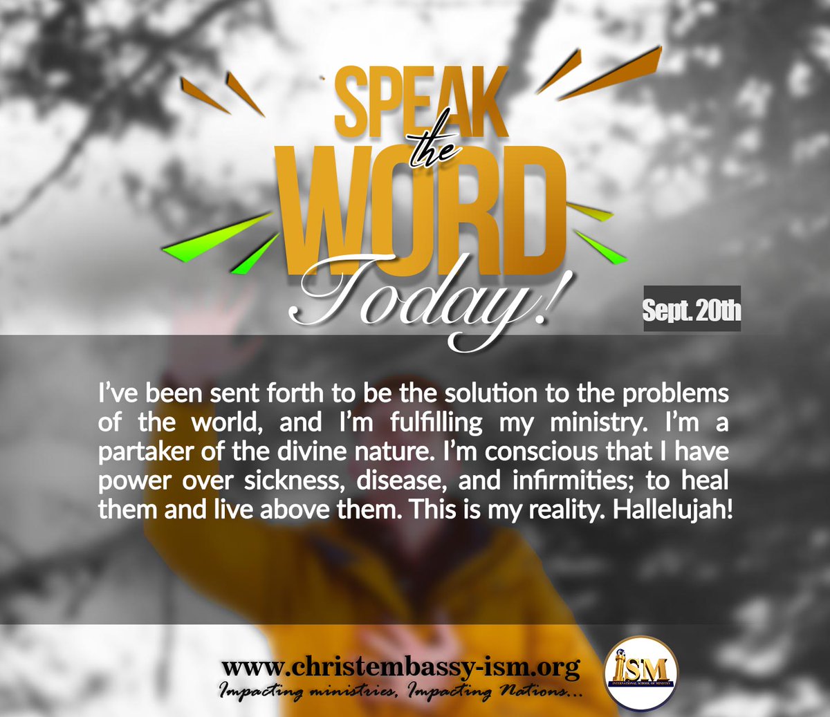 ismmconnect's tweet photo. I’ve been sent forth to be the solution to the problems of the world, and I’m fulfilling my ministry. I’m a partaker of the divine nature. I’m conscious that I have power over sickness, disease, and infirmities; to heal them and live above them. This is my reality. Hallelujah! https://t.co/C5v01qFHr8