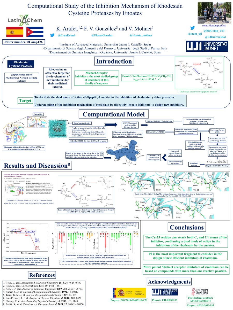 CruzKemel's tweet photo. Hi @LatinXChem, this is our work "Computational Study of the Inhibition Mechanism of Rhodesain Cysteine Proteases by Enoates" developed at @UJIuniversitat @inam_uji @BioComp_UJI
#LatinXChem2021 #LXChemComp #Comp126 https://t.co/HnMuvyydI5