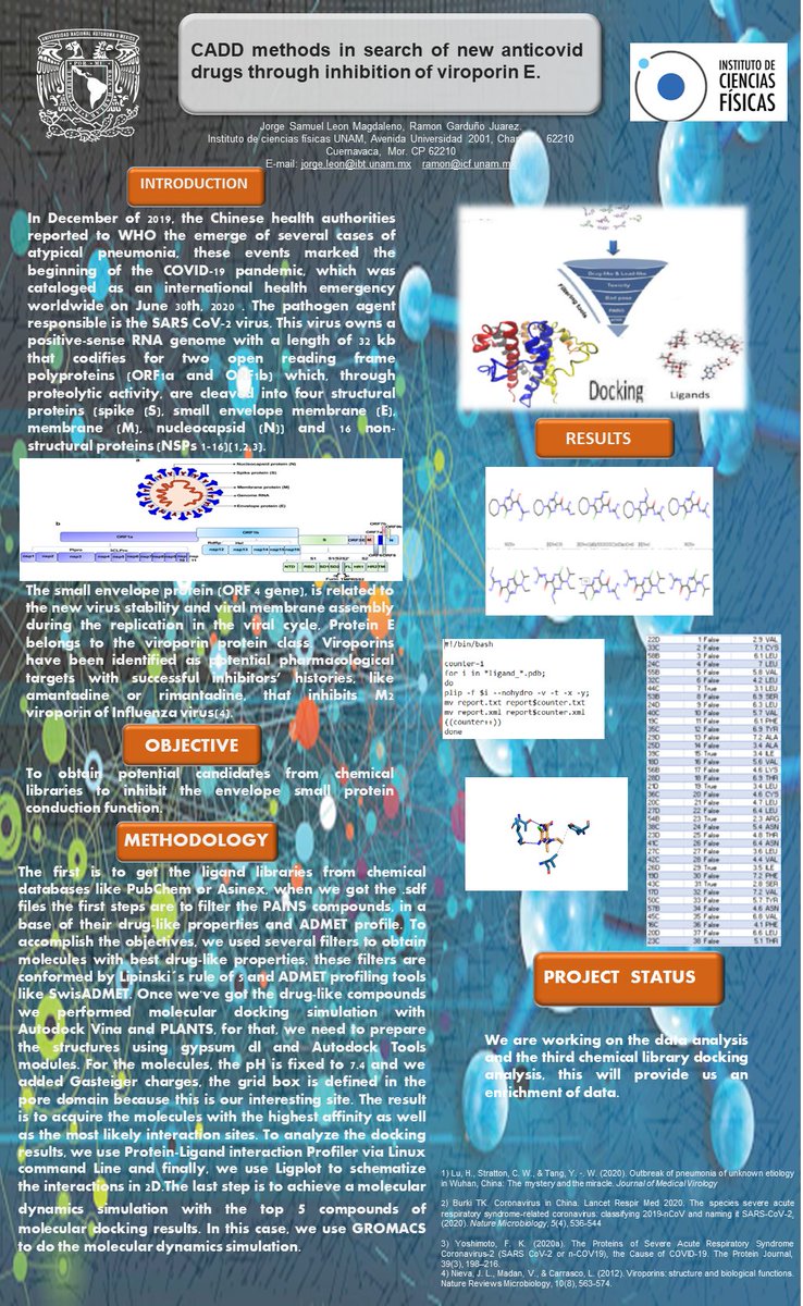 JorgeLeMag1's tweet photo. ’Hi @LatinXChem, this is my work CADD methods in search of new anticovid drugs through inhibition of viroporin E. #Comp114 #LXChemComp
#Computeraiddrugdesign https://t.co/mgiFdaDOAn