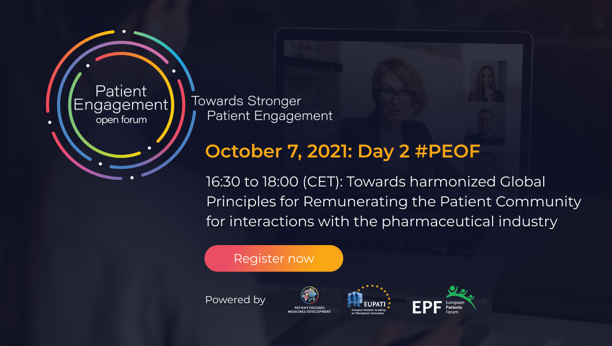 Learn why harmonizing previous work for remunerating #patients for #patientengagement with #Pharmaceutical industry is important. Find out what we will deliver &amp; how you &amp; your organization can contribute to &amp; benefit from the work at #PEOF. Register ➡️ bit.ly/3BICnCv