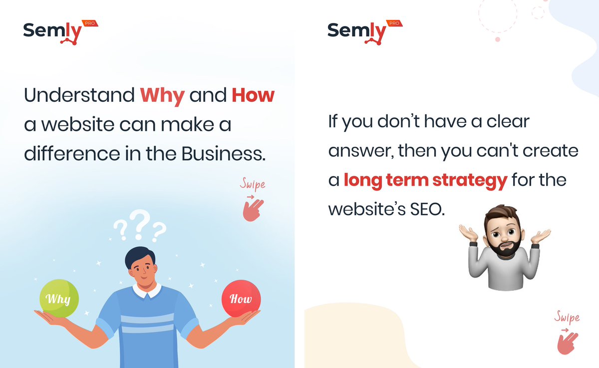 SemlyPro's tweet photo. The first question an SEO person needs to ask a Business owner is - Why did they build the website?
If you can't give a clear answer, you can't create a long-term strategy for the website’s #SEO.
#semlypro #searchenginemarketing #searchengineoptimization #DigitalMarketing https://t.co/nTD5O8gIgy