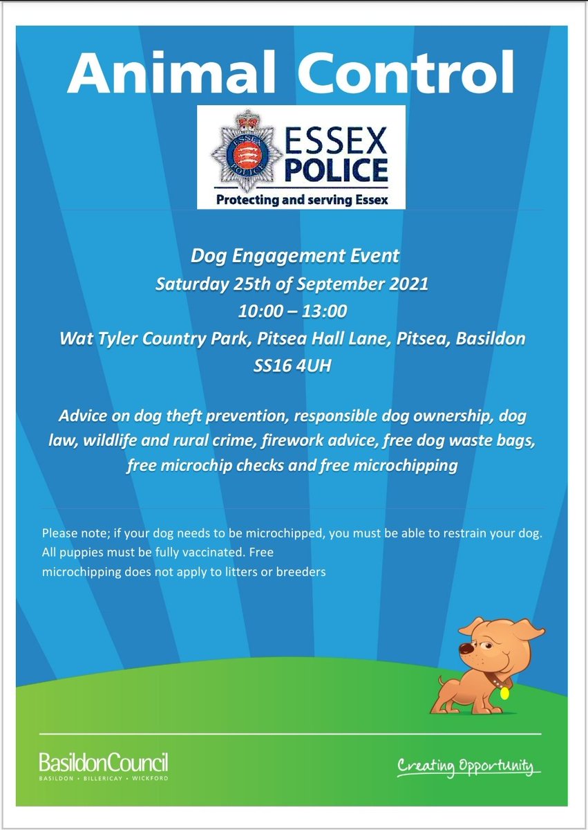 Dog engagement event Saturday 25th September 21 at #WatTylerPark #Basildon @EP_RURAL @EPBasildon @EssexPoliceUK @BasildonCouncil 
#DogTheftAwareness #DogsofTwittter #ResponsibleDogOwnership