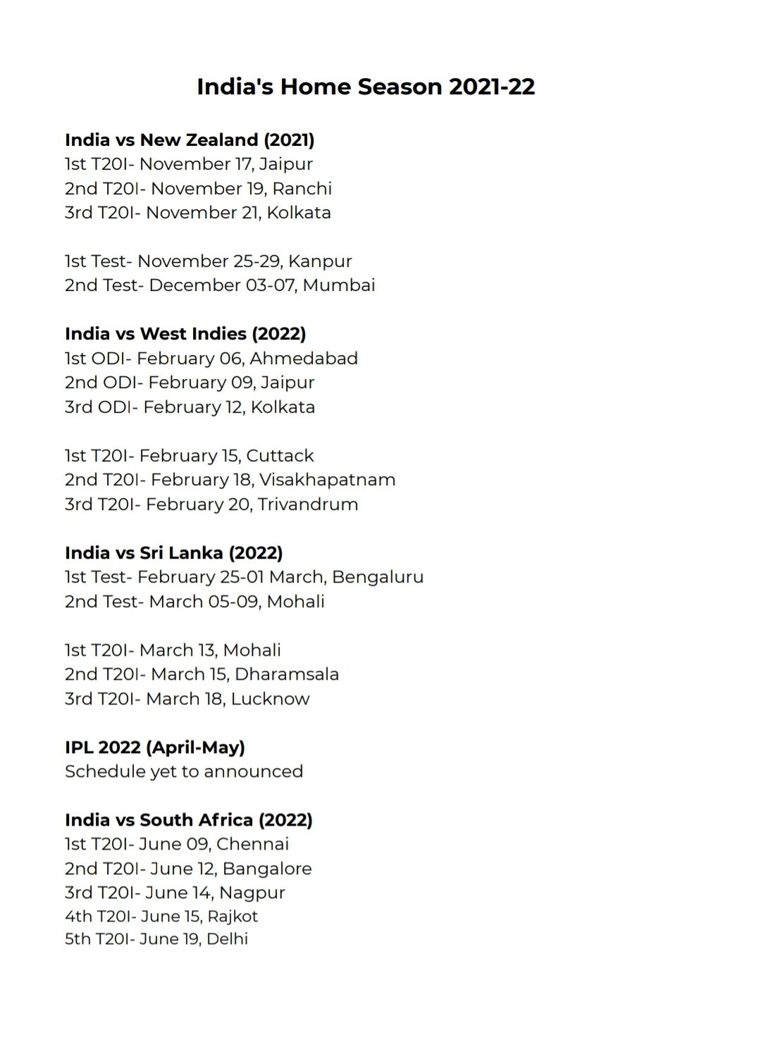 India Cricket Schedule 2022 Johns. On Twitter: "An Action-Packed Home Season For Team India In 2021-22.  From November 17Th To June 19 And There Is A South Africa Tour In  December-January. Https://T.co/Bljhoxzbho" / Twitter