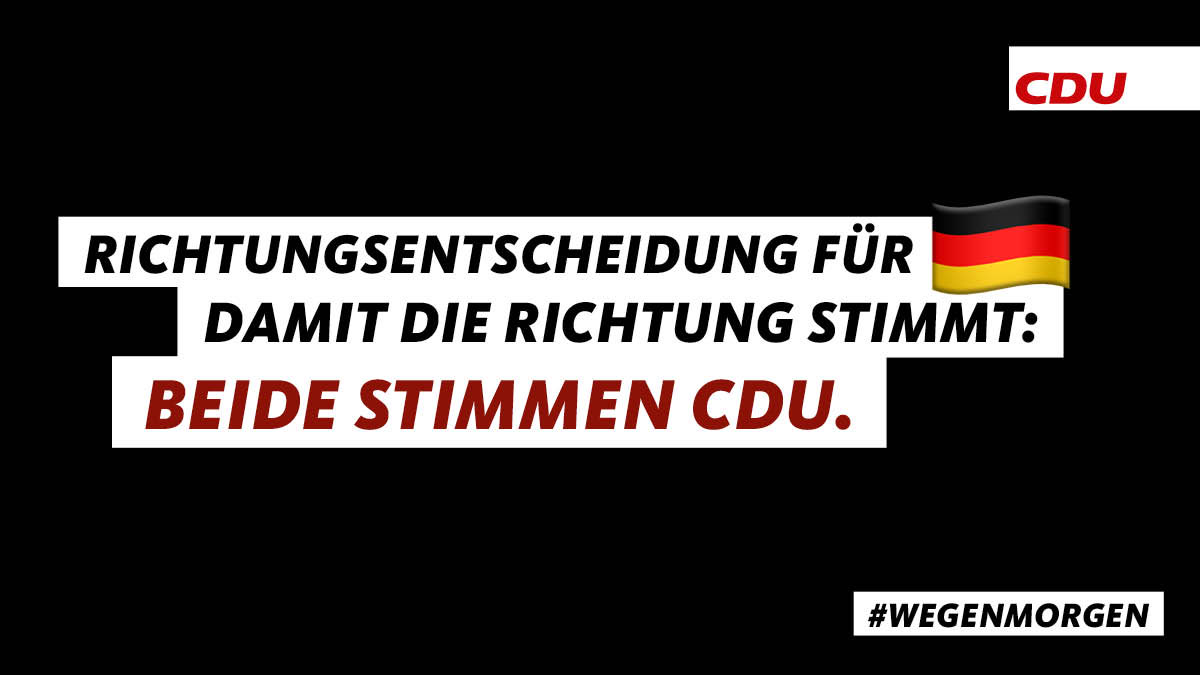 CDU's tweet photo. Die Bundestagswahl ist eine Richtungsentscheidung. 
Es geht um die eigene Familie, um den Arbeitsplatz, um Hoffnungen, Sorgen und Wünsche und um die Zukunft jeder Bürgerin und jedes Bürgers. Am 26. September entscheiden Sie darüber welche Richtung 🇩🇪 einschlägt. #wegenmorgen https://t.co/90j4Z0SHxu