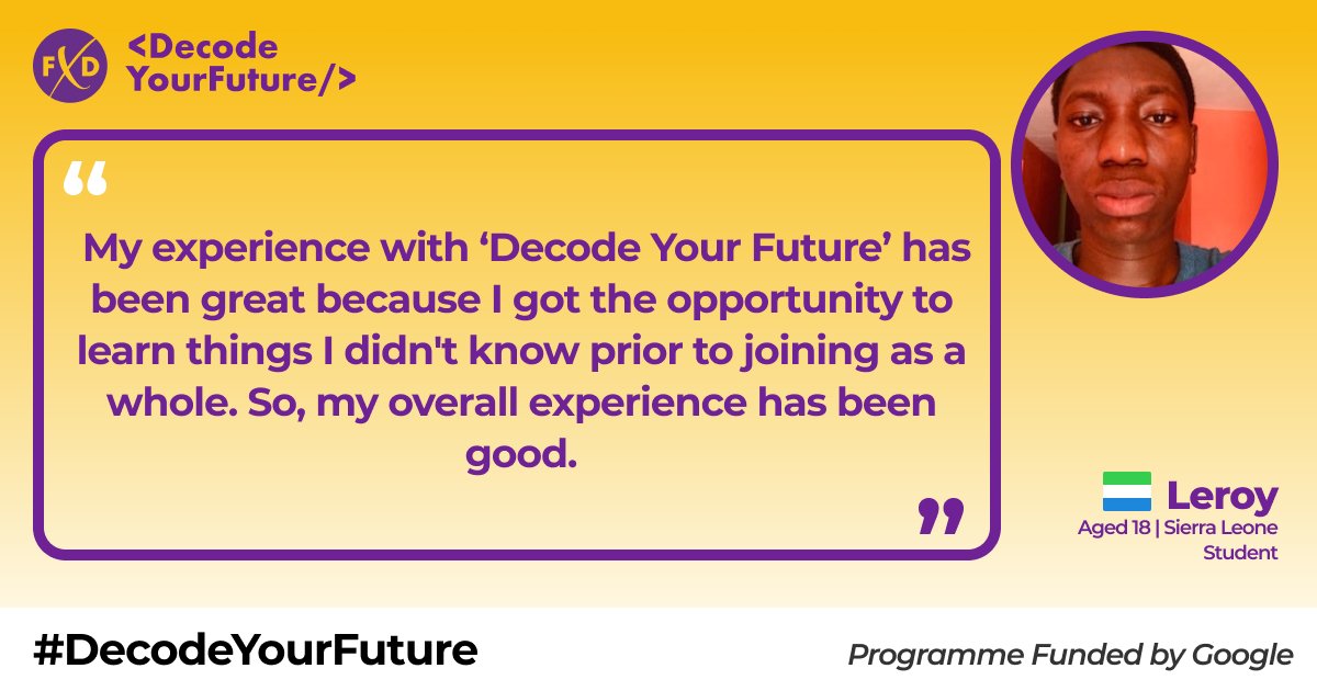 fruitionxsocial's tweet image. Check out our student Humera&apos;s &amp;amp; Leroy&apos;s testimonials about the &amp;lt;Decode Your Future&amp;gt; program 💬💻

Thank you Humera &amp;amp; Leroy for your words.🥰 We wish you a good luck in this and all future endeavors!

#FruitionX #DecodeYourFuture #Coding #Development  #Tech #Student #Testimonial