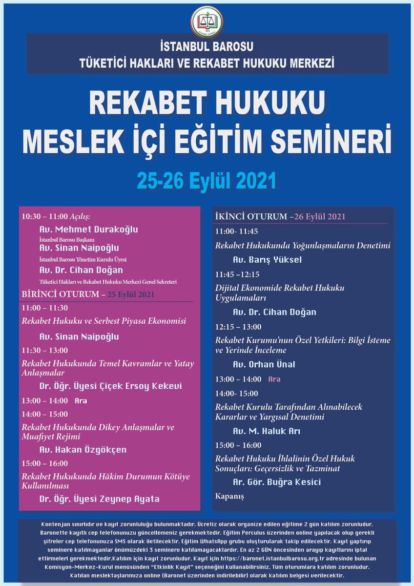 bugra_kesici's tweet photo. Rekabet hukukunun ihlalinden kaynaklanan tazminat sorumluluğu ve geçersizlik bahislerini ele alacağım, İstanbul Barosu Tüketici Hakları ve Rekabet Hukuku Merkezi’nin gelenekselleşen eğitim semineri programı yayımlandı. https://t.co/vLHOdgbeXi