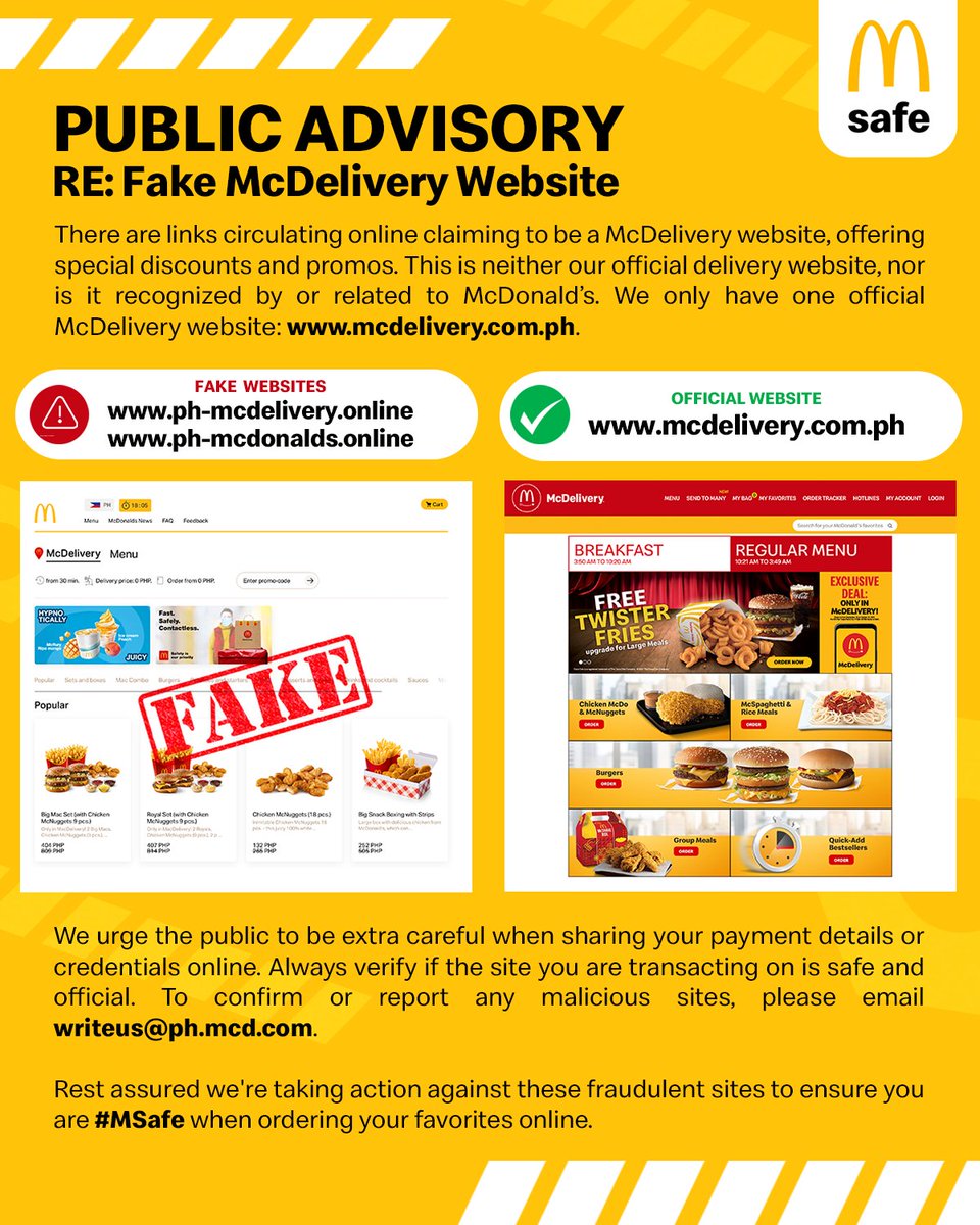 McDo_PH's tweet photo. McDonald’s delivery website is https://t.co/ZHpcYhUB8M. Beware of fraudulent sites branded with our logo and offering promos and discounts. Order only through the correct URL. https://t.co/745tIIRIo0