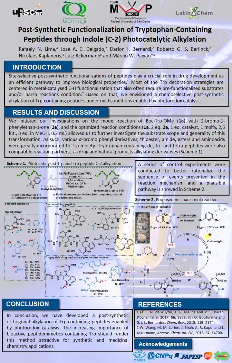 Hi <a href="/LatinXChem/">LatinXChem</a>, let’talk about Tryptophan photocatalytic functionalization? #LatinXChem #XChemOrg #OC081 #photocatalysis #peptide #greenchemistry <a href="/mwpaixao/">MWPaixão Group</a> <a href="/AgenciaFAPESP/">Agência FAPESP</a>