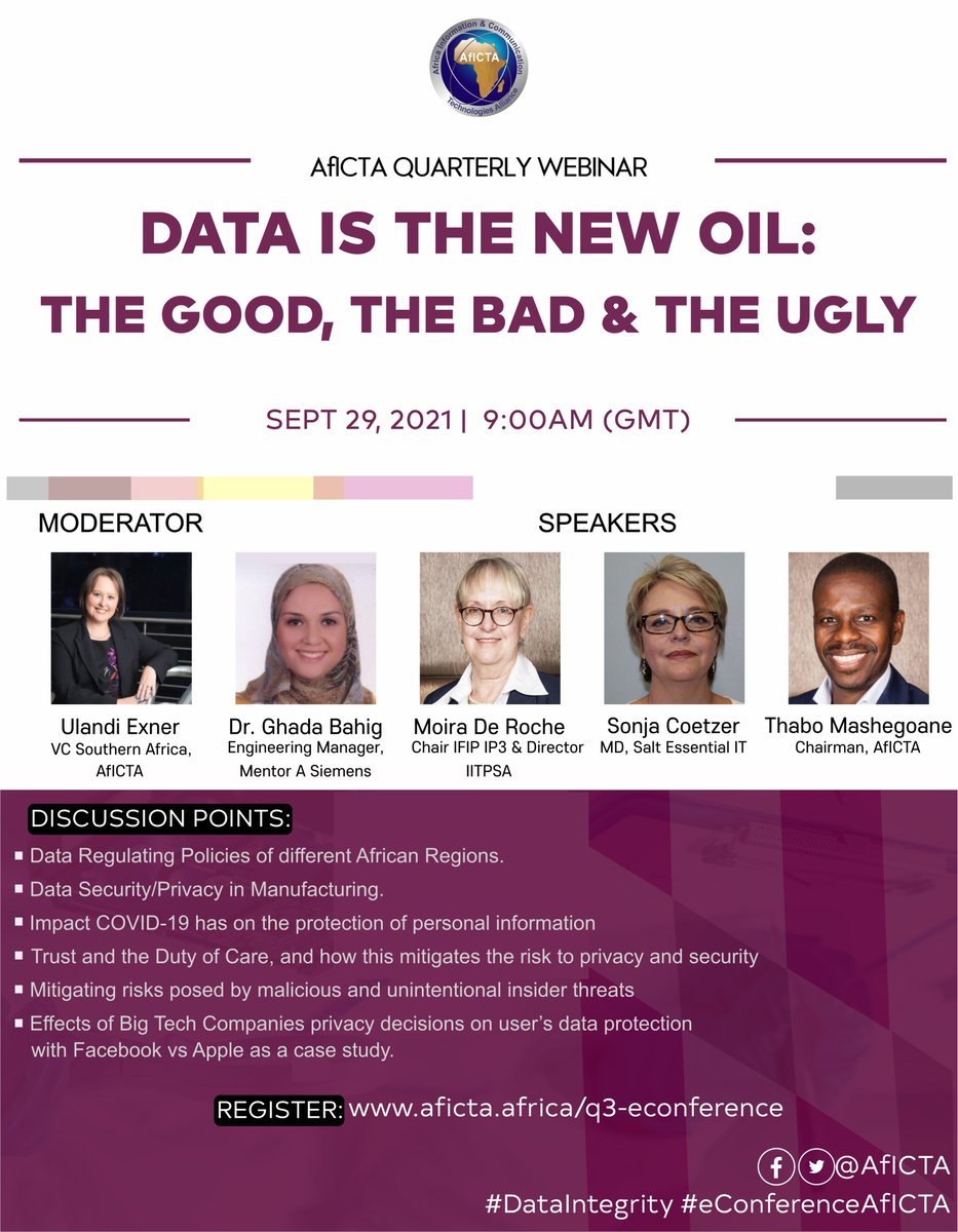 AfICTA's tweet photo. Register Now for the Quarterly #AfICTAwebinar
🗓 29th September 2021, 09:00 (UTC)
Don't forget to participate: https://t.co/fzUyvbLWwx
#DigitalIdentity #DateSecurity #DataIntergrity #Cybersecurity #Covid_19
@SonjaCoetzer https://t.co/Z6xUkG5zsT