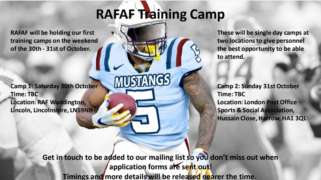 🚨🏈🏈 HUGE NEWS! 🏈🏈🚨 RAFAF are now holding our very first training camps! If you're interested and haven't already got in touch with us to get added to our mailing list make sure you do! We'll be sending out more details and application forms soon so get in touch! #RAF