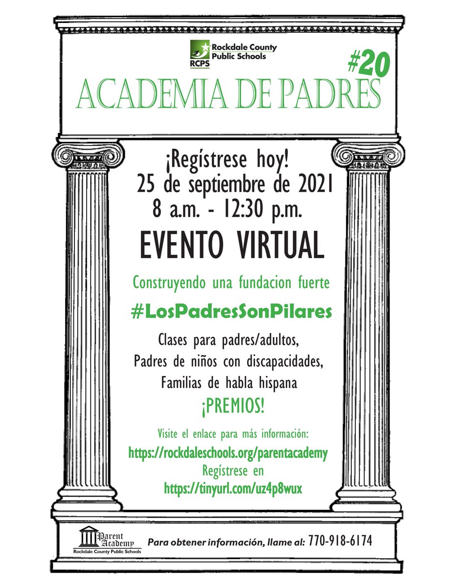 Parent Academy regresa el sábado 25 de septiembre de 2021, de 8 a.m. a 12:30 p.m., evento virtual en vivo. Clases gratuitas para padres, familias con discapacidades, familias de habla hispana; premios; Regístrese en tinyurl.com/uz4p8wux; información en rockdaleschools.org/parentacademy
