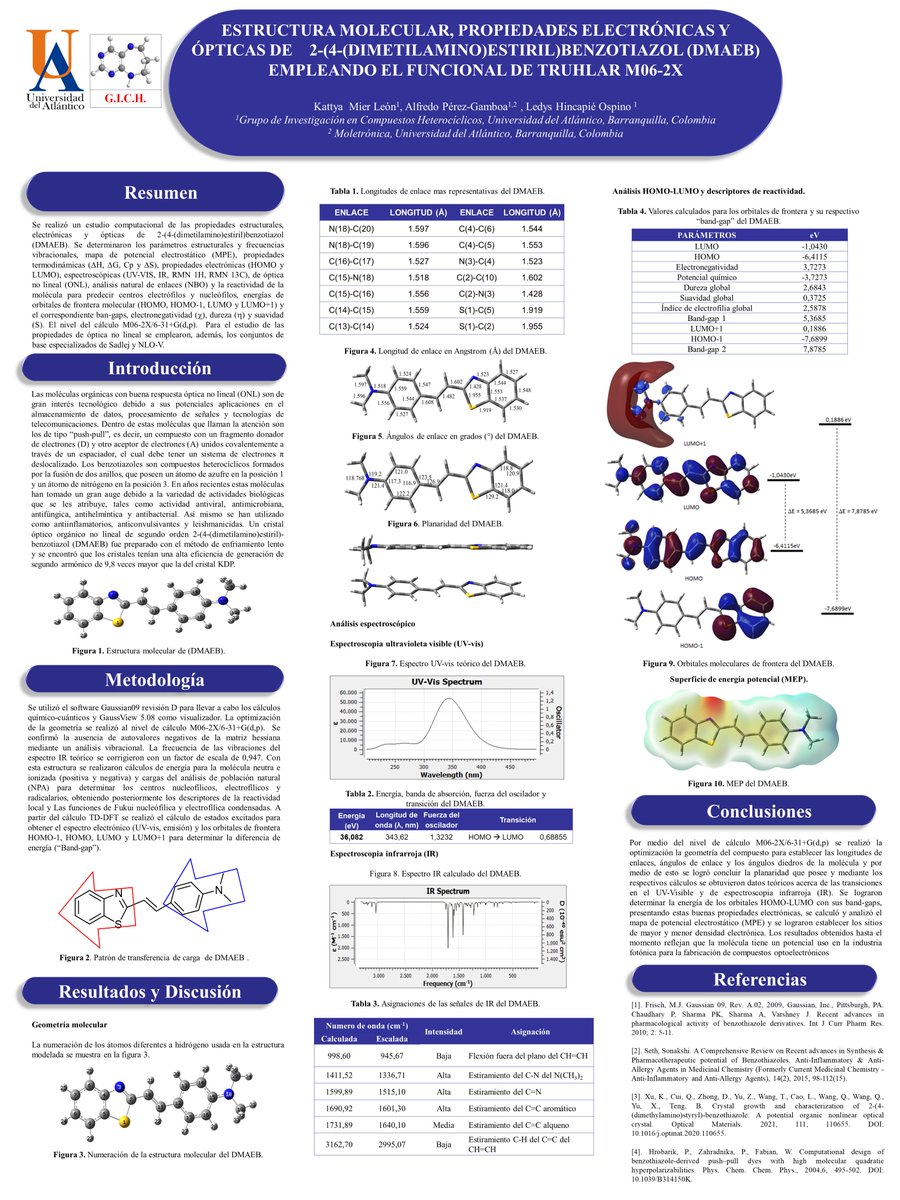 KattyaMierLeon's tweet photo. Hi @LatinXChem, this is my work "Estructura molecular, propiedades electrónicas y ópticas de 2-(4-(dimetilamino)estiril)Benzotiazol (DMAEB) empleando el funcional de Truhlar M06-2X", #LatinXChem #LXChemComp #Comp128 https://t.co/7W3ZdTUSNV