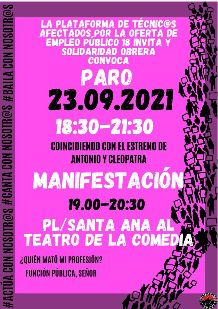 Continúan las protestas:
Este jueves 23 <a href="/SalvemosZ/">PLATAFORMA DE TRABAJADORXS DEL INAEM</a> convoca un PARO de 18:30 a 21:30 coincidiendo con el estreno de "Antonio y Cleopatra".
Además, habrá una manifestación que saldrá a las 19:00 de la Plaza Santa Ana culminando en el Teatro de la Comedia.