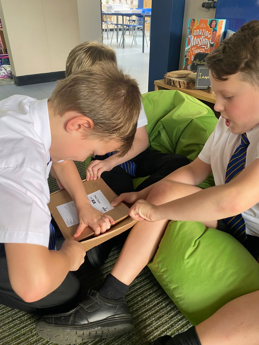 PATLarksHill's tweet photo. We got our first #vipbook and assorted goodies of the year last week, opened by this bunch of Year 5 book enthusiasts! They were incredibly excited and have read the first few pages together and already gripped! @VIPreading @DarrenSimpson44 #TheMemoryThieves #readingforpleasure https://t.co/gG4OQE92S2