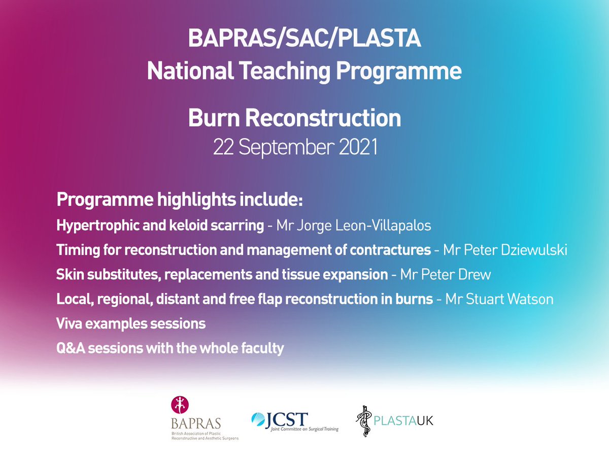 🚨📢Only 2 days left until the BAPRS/SAC/PLASTA National Teaching Programme Burns Webinar, on 22 September.

You can still register to this free webinar via the link: bapras.eventsair.com/burn-reconstru…

<a href="/PLASTAUK/">PLASTA</a> <a href="/JCST_Surgery/">JCST</a> <a href="/JLeonVillapalos/">J Leon Villapalos</a> 
#plasticsurgery #webinar #burns