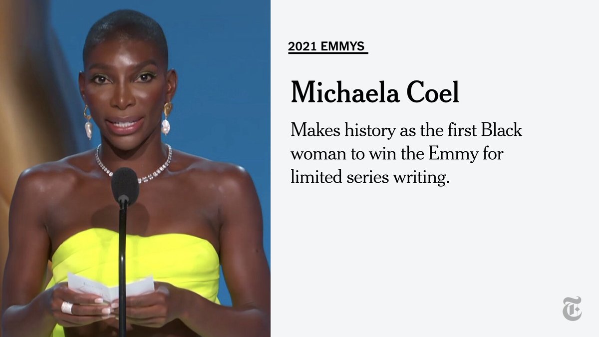 nytimes's tweet image. Michaela Coel has made history as the first Black woman to win at the #Emmys for limited series writing. It is her first Emmy win, for &quot;I May Destroy You.&quot; nyti.ms/3tUd5hW