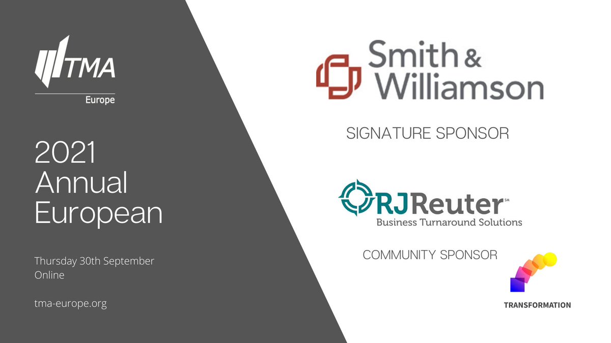 Thank you to @SmithWilliamson and RJ Reuter for supporting the 2021 Annual European 'Transformation'! Join us on 30th September for a day of online interaction, learning and connectivity. bit.ly/2YfN1C1
#turnaroundmanagement #turnaround #europe #transformation