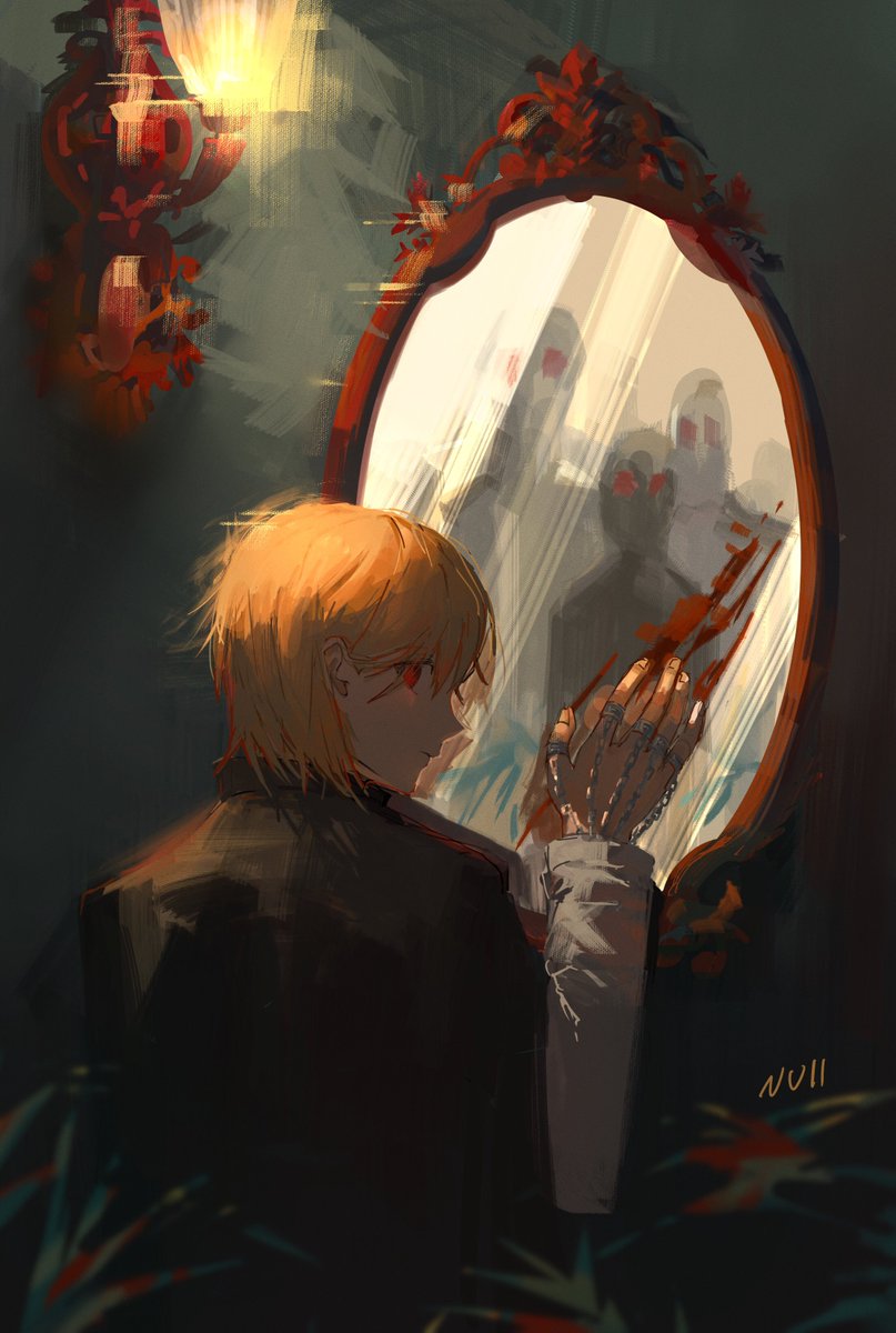 red eyes blonde hair male focus mirror 1boy short hair long sleeves  illustration images