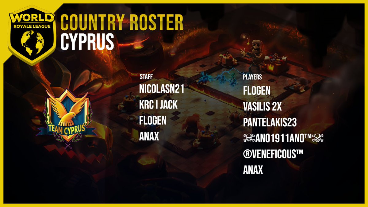 World Royale League (@worldleaguecr) on Twitter photo WRL Season 7 Roster Reveal!
Team <a href="/TeamCY_CR/">Team Cyprus</a>🇨🇾
Staff
🗣️<a href="/FloGeNCR/">FloGeN</a>
🗣️@anax_maxhtecCR
🗣️<a href="/Jack_CR_/">Jack実業家™</a>
📊<a href="/_Nicolasn21/">Nicolasn21</a>
Players
👤<a href="/FloGeNCR/">FloGeN</a>
👤<a href="/Vasilis_2x/">.</a>
👤<a href="/pantelakis23cr/">pantelakis23</a>
👤<a href="/ano1911ano/">☠ano1911ano☠™️ CR</a>
👤<a href="/Veneficous13/">®Veneficous™</a>
👤@anax_maxhtecCR
Good luck Team Cyprus! WRL Season 7 Roster Reveal!
Team <a href="/TeamCY_CR/">Team Cyprus</a>🇨🇾
Staff
🗣️<a href="/FloGeNCR/">FloGeN</a>
🗣️@anax_maxhtecCR
🗣️<a href="/Jack_CR_/">Jack実業家™</a>
📊<a href="/_Nicolasn21/">Nicolasn21</a>
Players
👤<a href="/FloGeNCR/">FloGeN</a>
👤<a href="/Vasilis_2x/">.</a>
👤<a href="/pantelakis23cr/">pantelakis23</a>
👤<a href="/ano1911ano/">☠ano1911ano☠™️ CR</a>
👤<a href="/Veneficous13/">®Veneficous™</a>
👤@anax_maxhtecCR
Good luck Team Cyprus!