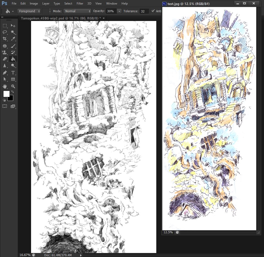 たまには作業途中の画面でも。漫画の背景のテスト中です～今こんな感じ 