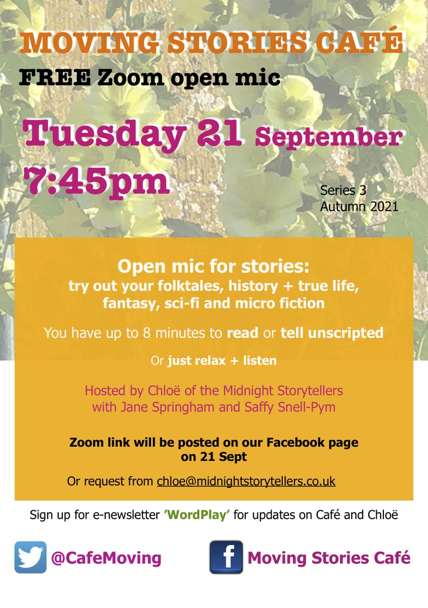 Free online spoken word open mic restarts for autumn TUESDAY 21 Sept 7:30pm for stories 7:45pm--9:15pm
👉Message for Zoom link or see Facebook page Moving Stories Café
<a href="/BBCGlos/">BBC Gloucestershire</a> <a href="/annakingradio/">Anna King</a> <a href="/nickyprice/">nicky price</a> <a href="/domjoly/">Dom Joly</a> <a href="/kitchtweet/">🎙Steve Kitchen</a> <a href="/atkinsradio/">Richard Atkins-Greig</a>