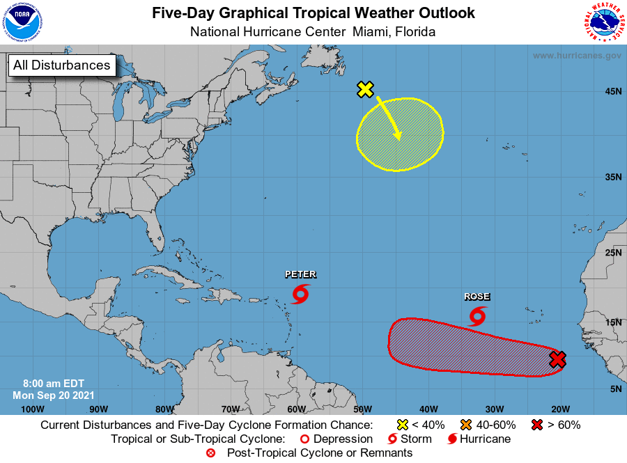 NHC_Atlantic's tweet photo. 9/20 8am EDT- In addition to TS #Peter and #Rose, NHC is watching 2 disturbances.  The system in the far eastern Atlantic, #98L, will likely become a tropical depression by Friday.  The remnants of Odette have a low chance of regeneration this week. More: https://t.co/tW4KeFW0gB https://t.co/eQUXzW2Lfw
