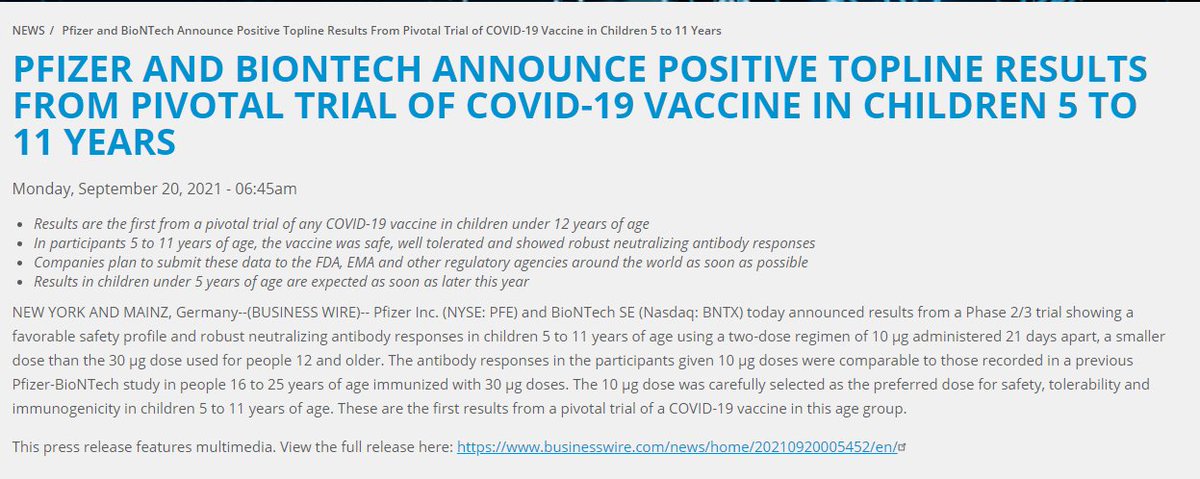 Carlos Arturo Álvarez Moreno (@alvarezmorenoc) on Twitter photo La compañia <a href="/pfizer/">Pfizer Inc.</a> y <a href="/BioNTech_Group/">BioNTech SE</a>
Acaban de anunciar los resultados en 2268 niños de 5-11 años.El anuncio de prensa dice que dos dosis de 10 mcg (1/3 parte de la de adultos), en este grupo de edad tienen una respuesta inmune similar a los de adultos
pfizer.com/news/press-rel… La compañia <a href="/pfizer/">Pfizer Inc.</a> y <a href="/BioNTech_Group/">BioNTech SE</a>
Acaban de anunciar los resultados en 2268 niños de 5-11 años.El anuncio de prensa dice que dos dosis de 10 mcg (1/3 parte de la de adultos), en este grupo de edad tienen una respuesta inmune similar a los de adultos
pfizer.com/news/press-rel…