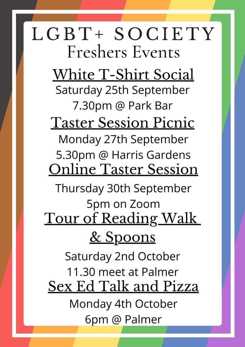 Hey all! Freshers is here! We’ve got loads of events happening throughout freshers and also the first term! Posts for each event with more info will be put on the socials through the week so keep an eye out! We can’t wait to see everyone! 🏳️‍🌈🏳️‍⚧️