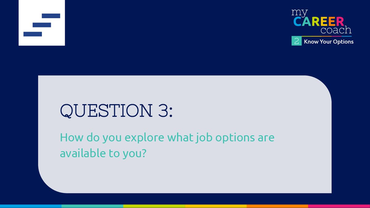 JobStarterSA's tweet photo. Q3. The next question we are tackling is "How do you explore what job options are available to you?" 

#jobadvicesa @JobAdviceSA #mycareercoach #MondayMotivation https://t.co/DkJEdqokrT