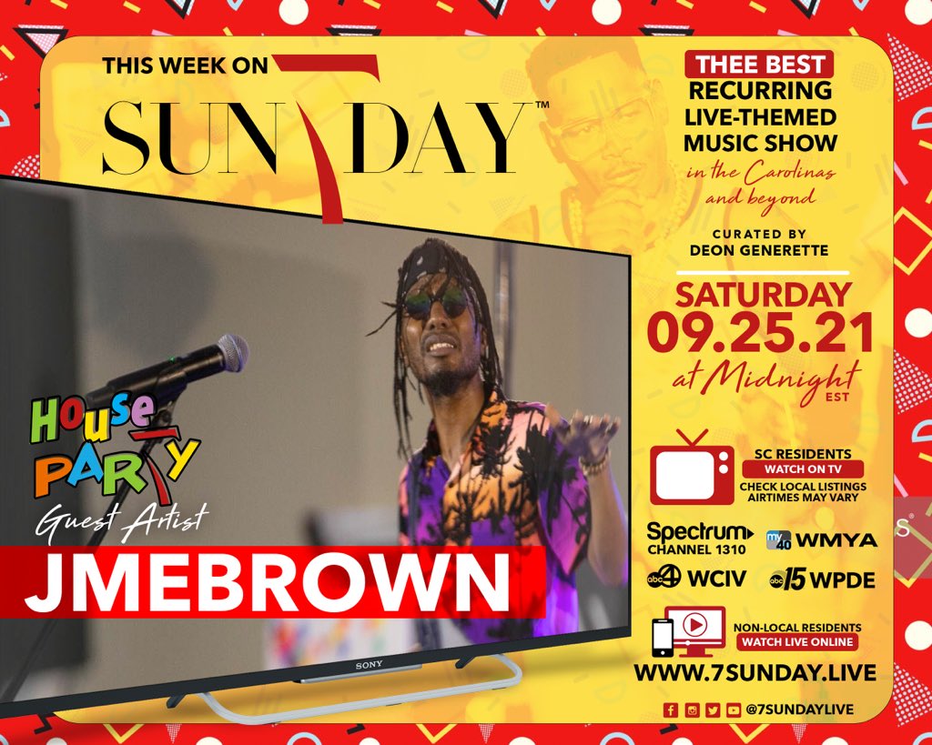 7SundayLive's tweet photo. #HousePar7y continues this week with a performance from thee multi-talented @iamjmebrown!
Watch Saturday, Sept. 25 on your favorite station or online:
๐บ Spectrum 1310
๐บ @abcnews4
๐บ @wpdeabc15
๐บ #WMYA
๐ https://t.co/7lVq9Lcm4b https://t.co/DtqdpHLNfN