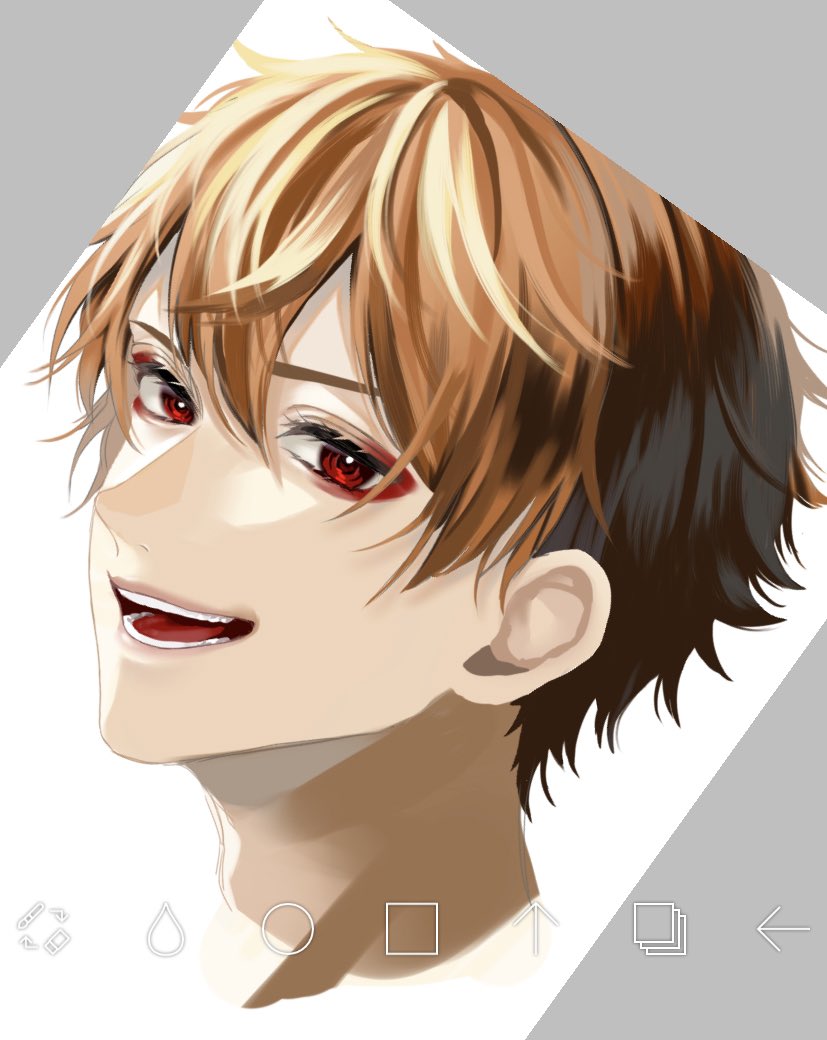 1boy male focus solo red eyes looking at viewer open mouth smile  illustration images