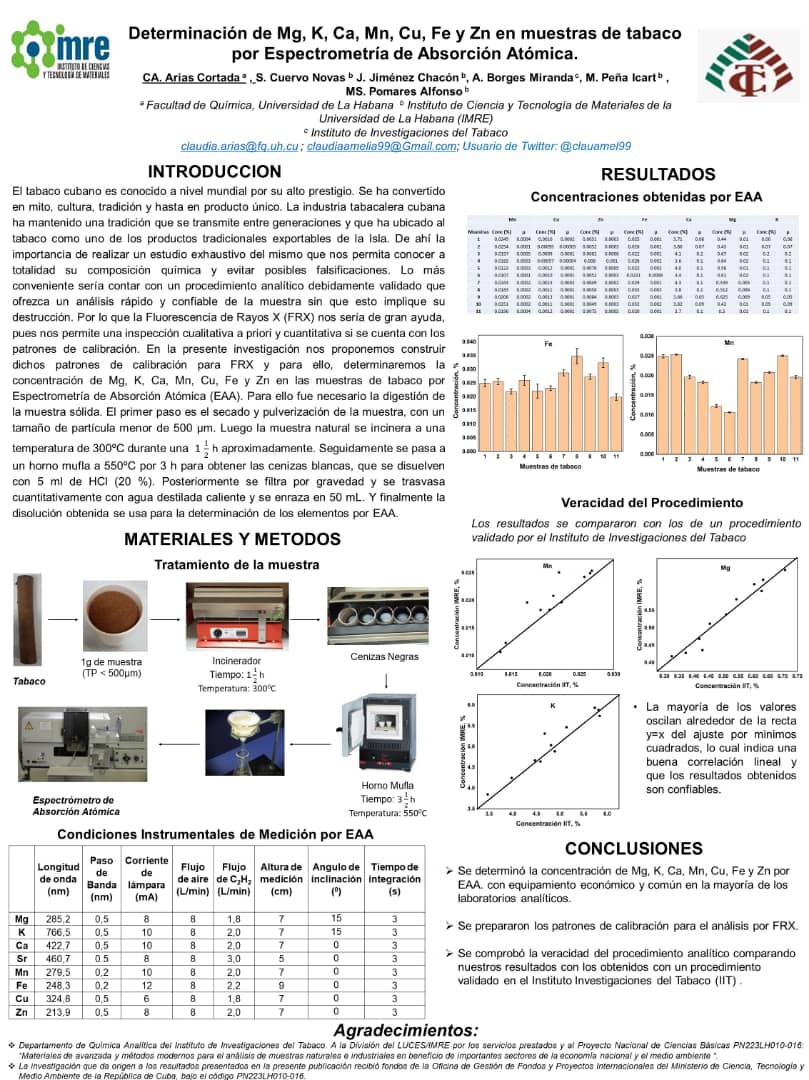 clauamel99's tweet photo. Hola @LatinXChem, este es mi trabajo "Determinación de Mg, K, Ca, Mn, Cu, Fe y Zn en muestras de tabaco por Espectrometría de Absorción Atómica", #LatinXChem #LXChemAna#Ana06 https://t.co/CQmFN0K83q