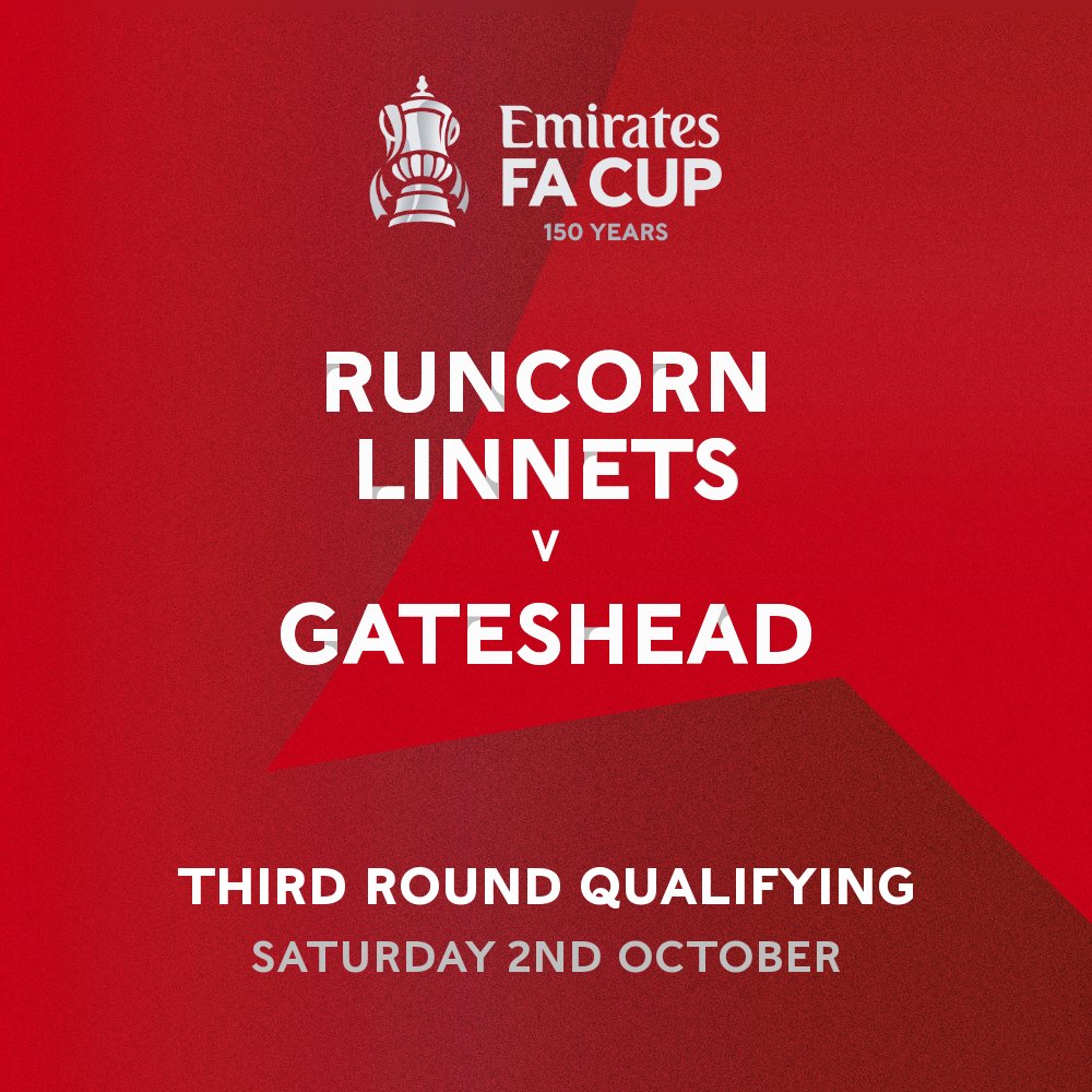 RuncornLinnets's tweet photo. 🟡🟢 | FA Cup Third Qualifying Round.

We can confirm that we will host @GatesheadFC in the next round of the FA Cup. 

Tie to take place Saturday 2nd October. https://t.co/Th30X8yuqH