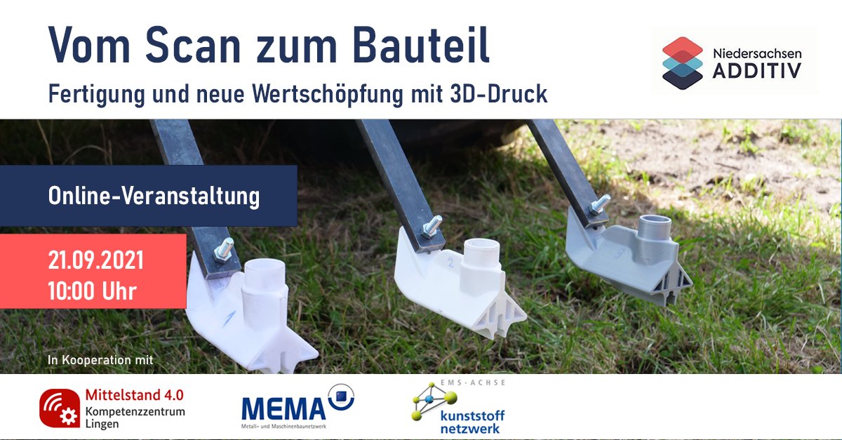 Wie man mit #3DDruck vom Scan zum Bauteil kommt, zeigt die morgige Online-Veranstaltung mit <a href="/itemsland/">it.emsland</a>! Spannender Praxisbericht aus der #Landwirtschaft 🚜inklusive! Jetzt noch schnell anmelden: niedersachsen-additiv.de/events/vom-sca… #Agrar40 <a href="/NdsAdditiv/">Niedersachsen ADDITIV</a> <a href="/LZH_Hannover/">LaserZentrumHannover</a>