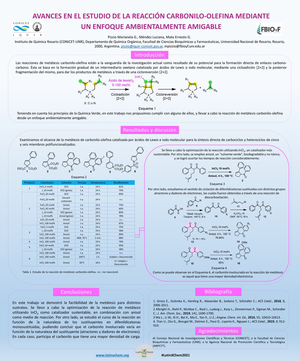 mgpizzio's tweet photo. Hola @LatinXChem! Este es mi trabajo titulado "Avances en el estudio de la reacción carbonilo-olefina mediante un enfoque ambientalmente amigable". Feliz de ser parte de #LatinXChem! #LatinXChem2021 #LXChemOrg #OC108 @QFbioyf @IQUIR_CONICET @ernestogmata https://t.co/49d1TxhzFF