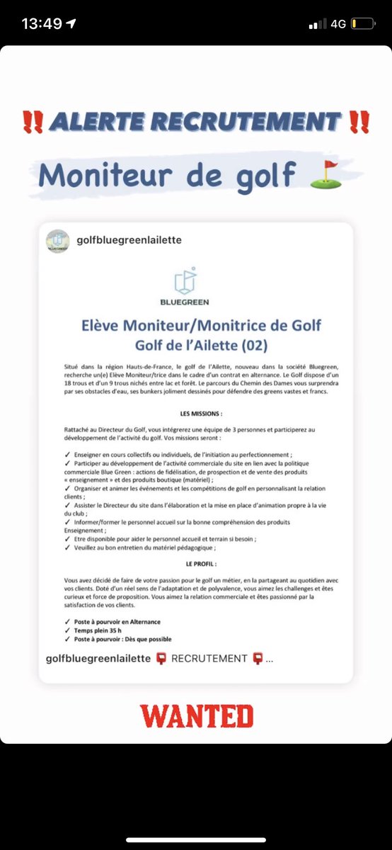 ChloeeHenry_'s tweet photo. Recrutement moniteur/monitrice de golf au golf de l’Ailette ⛳️

#Recrutement #golf #alternance #Emploi #Bluegreen #moniteurgolf https://t.co/SaOuIoyhGO