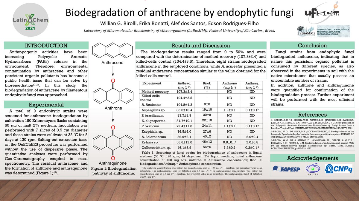 WillianBirolli's tweet photo. Hi @LatinXChem, this is my work ‘Biodegradation of anthracene by endophytic fungi’, #LatinXChem #LXChemEnv #Env117 https://t.co/d0zJFkIYoz
