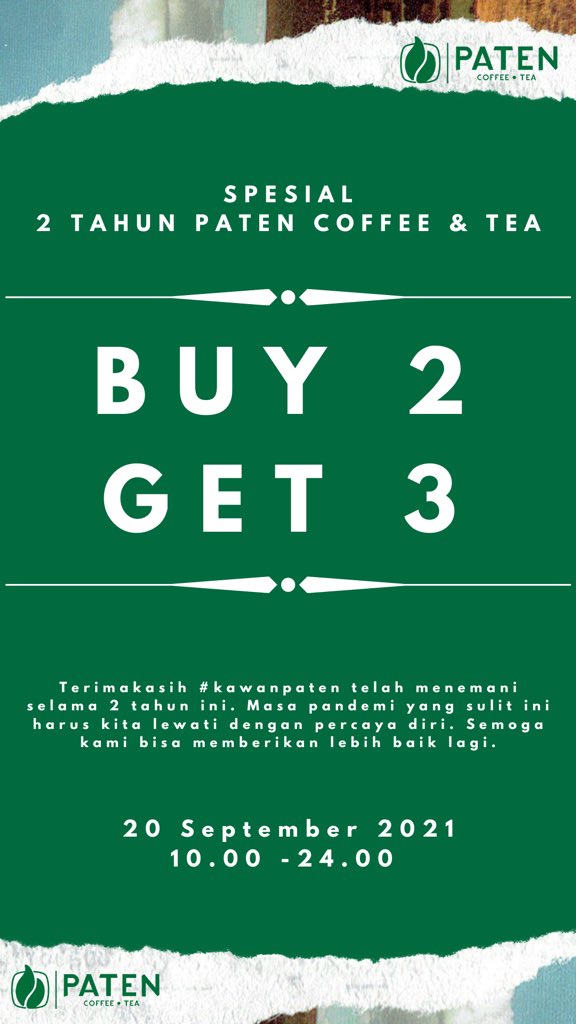 patencoffeetea's tweet photo. [2nd Anniversary]

20 September 2019 - 20 September 2021

Terimakasih #kawanpaten telah menemani perjalanan selama 2 tahun ini 💕

#patencoffeetea #jatinangor #sumedang #coffee #tea #chocolate #dimsum #pempek  #tekwan #thaitea #mozarella #pisangnugget #kopisusu https://t.co/p8g1gkDuUF