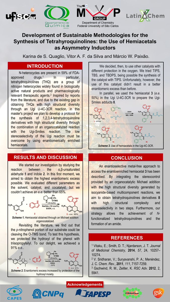 Hi <a href="/LatinXChem/">LatinXChem</a>! This is our work ‘Development of Sustainable Methodologies for the Synthesis of Tetrahyroquinolines: the Use of Hemiacetals as Asymmetry Inductors’. If you have any questions, I'm here to answer! #LatinXChem #LXChemOrg #OC112 #organocatalysis #imcr