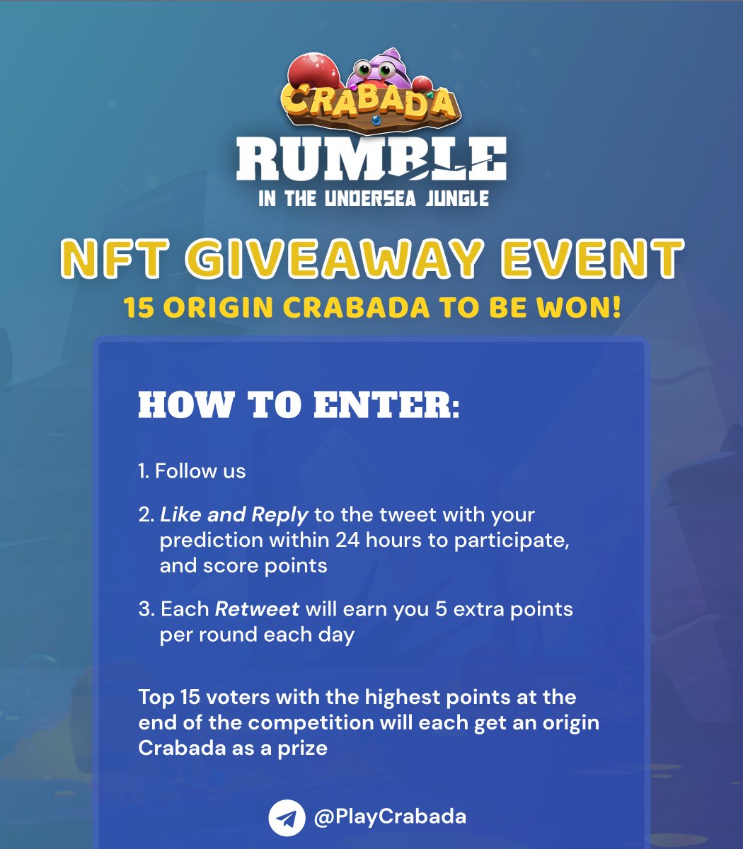 PlayCrabada's tweet photo. 📣CRABADA #GIVEAWAY EVENT - SEMI FINALS!

🦀15 Crabada #NFTs to be won!

HOW TO ENTER:

1. Follow us
2. Like and Reply with the winning teams
3. RT for extra points

🔥Tag your favourite influencers and friends! 

Semis are worth 20 points. Results in 12 hours!

#NFTGiveaway #NFT https://t.co/d8wp4rwH4a