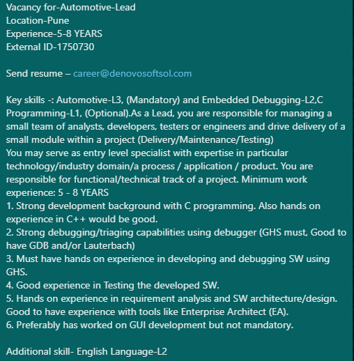 denovosoftsol's tweet image. #denovojobs #denovo
Vacancy for-Automotive-Lead
Location-Pune
Experience-5-8 YEARS
External ID-1750730
Send resume – career@denovosoftsol.com
#EmbeddedDebugging #Cprogramming #Csharp #Clanguage #Automative #automativelead #GUIdevelopment #dataanalyst #developer #programming