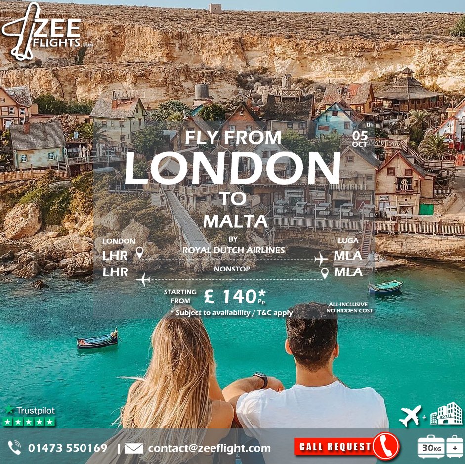 zeeflight's tweet image. Affordable flights from London to Malta.
Contact us:
✆ : 014 735 50169.
✉: contact@zeeflight.com.