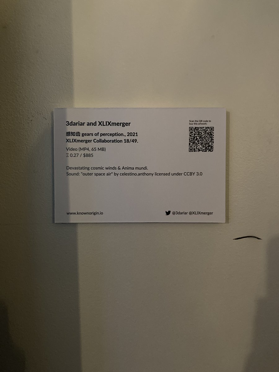 3dariar's tweet photo. A belated twit pic of "Digital Existence 2.0", first #nft exhibition in London

organized by  @ETHLDN 
curated by @KnownOrigin_io

Extra credit for sending photos of my art "感知齿轮 gears of perception" 🌸 @ghjstudio_uk https://t.co/xXI5N5WOaa