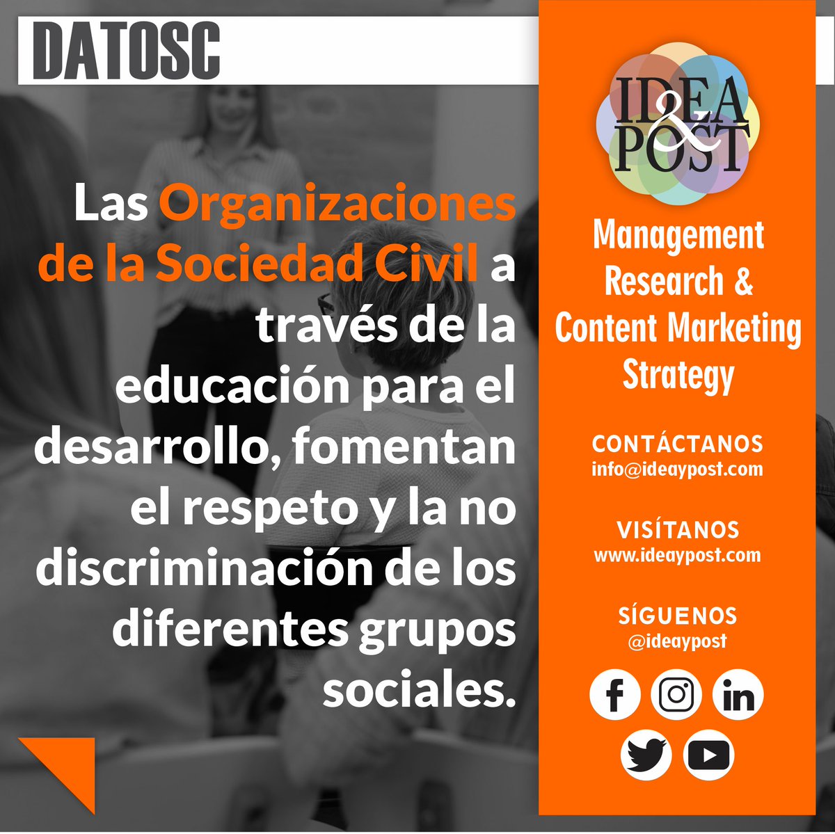 ideaypost's tweet image. Las organizaciones de la sociedad civil desarrollan de forma constante acciones en contra de la discriminación en todas sus modalidades.

Síguenos en #ideaypost o visita nuestro #blog en ideaypost.com y conoce más #datosc Tercer Sector. 

#ong #osc #ods #comdesarrollo