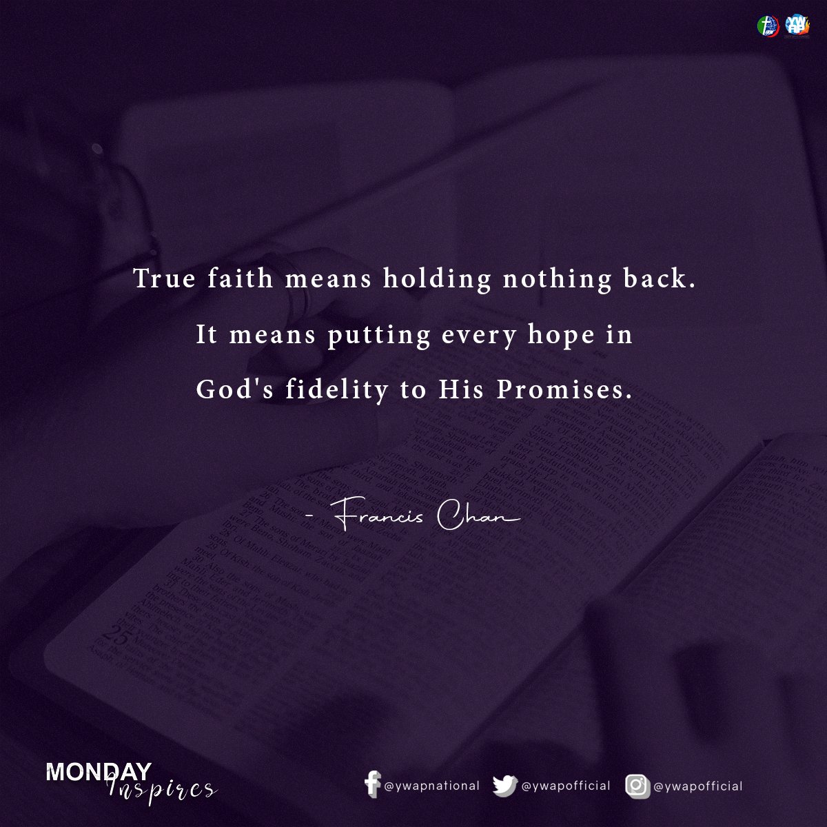 ywapofficial's tweet photo. He who promised is faithful - Hebrews 10:23b
#IRMYWAP #YouthWithAPurpose #MondayInspires https://t.co/OB8hBjJ7bK