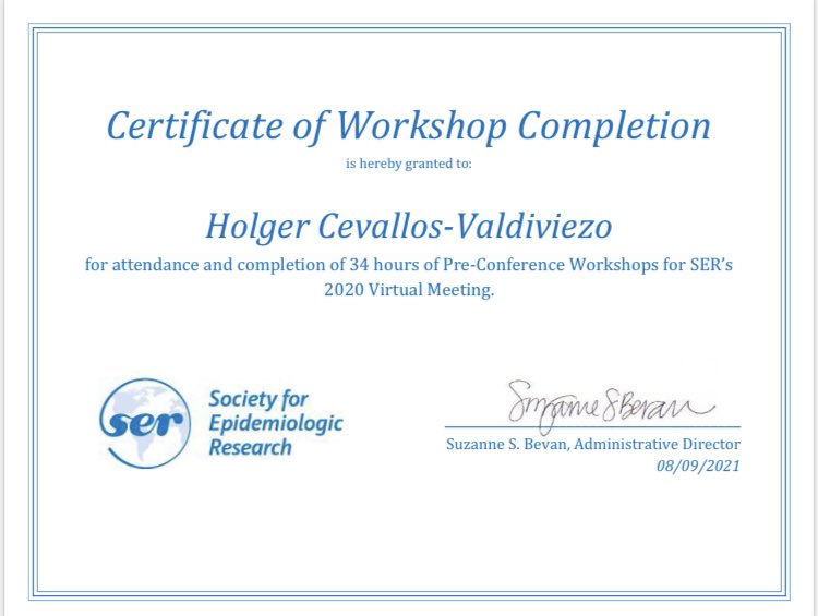 Recientemente tomé algunos cursos de capacitación con la Society for Epidemiologic Research de EEUU. Muy interesante haber podido aprender de primera mano sobre los avances de la metodología estadística en el área de la epidemiología. #stats #Epidemiology #EpiMethods