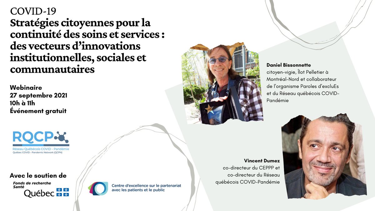 QcCovid's tweet image. Le Centre d'excellence sur le partenariat avec les patients et le public (CEPPP), en collaboration avec le RQCP, présente un nouveau webinaire. Inscrivez-vous dès maintenant - tinyurl.com/4jsy335p