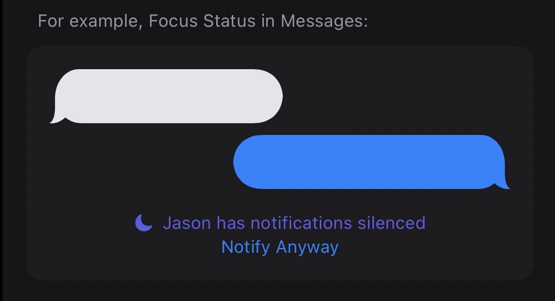 jsmith189's tweet photo. Focus is an entire thread on its own, but one thing I think is pretty cool is that if you have Focus turned on (basically the new DND), it’ll tell people to leave you the fuck alone (unless it’s an emergency). https://t.co/8ex67PtoiX