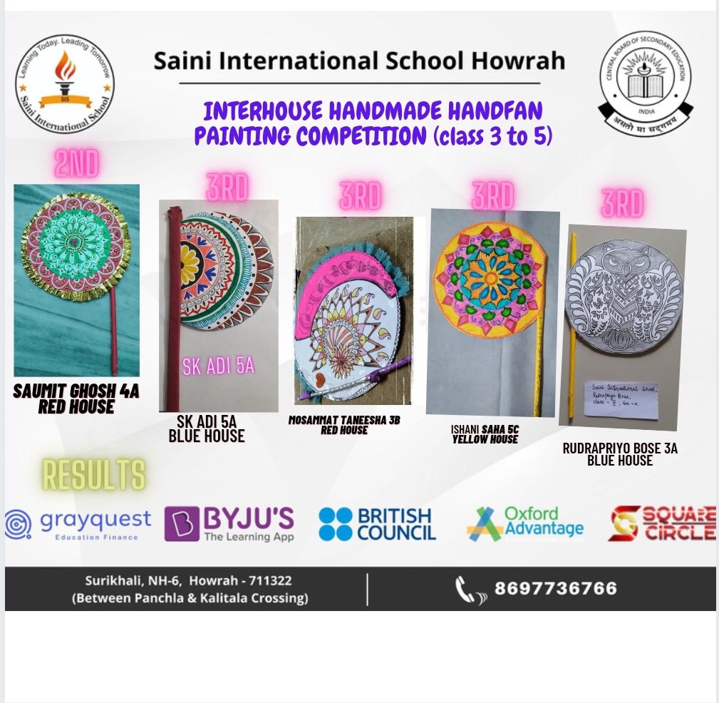 sishowrah's tweet photo. #COLUMBUS House is delighted to present the results.

#Competition-Handmade Handfan Painting 
#Class I-VIII

Congratulations to both the winners and all the participants. 

#SIS_HOWRAH
#LEARNING_TODAY
#LEADING_TOMORROW
#DAY_ AND_ BOARDING_ SCHOOL https://t.co/yKa6njh3GB